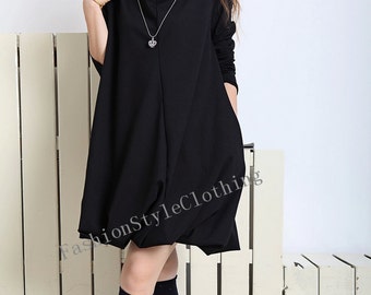 Black cotton dress long sleeve dress Turtleneck linen dress casual ...