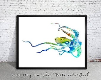 Blue Octopus Watercolor Print, watercolor painting, watercolor art, Illustration, home decor wall art, Octopus art, watercolor animal,