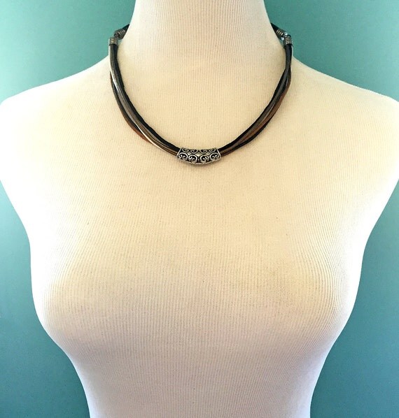 90s Leather Choker Necklace Black White Bronze & Antique