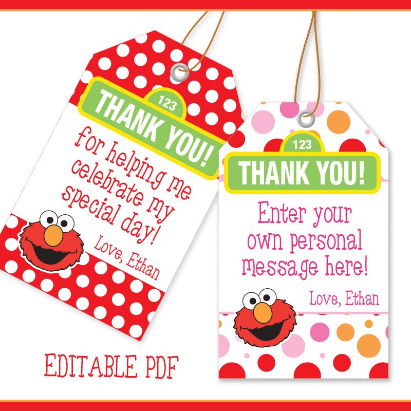 EDITABLE PDF Elmo Inspired Favor Tags 4 Designs / Thank You