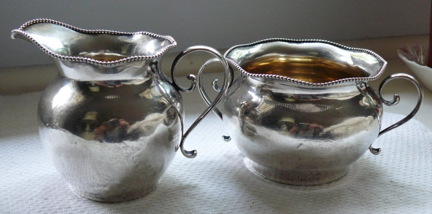 Quaint Old Gorham Sterling Silver Sugar Creamer Set, Beaded Edge