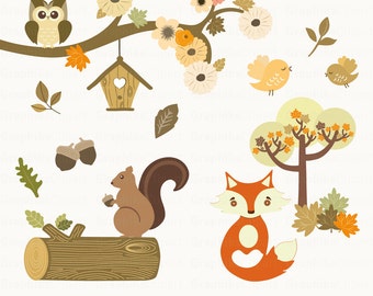 Woodland Animals Clipart. Animals Clipart. Squirrel, Fox, Owls, Birds. 15 images, 300 dpi. Eps, Png files. Instant Download.