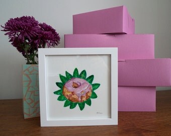 Leafy Pink Rhubarb Donut Original Watercolor Painting