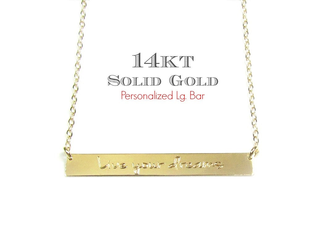 14KT SOLID GOLD Engraved Large Name Plate Bar Necklace