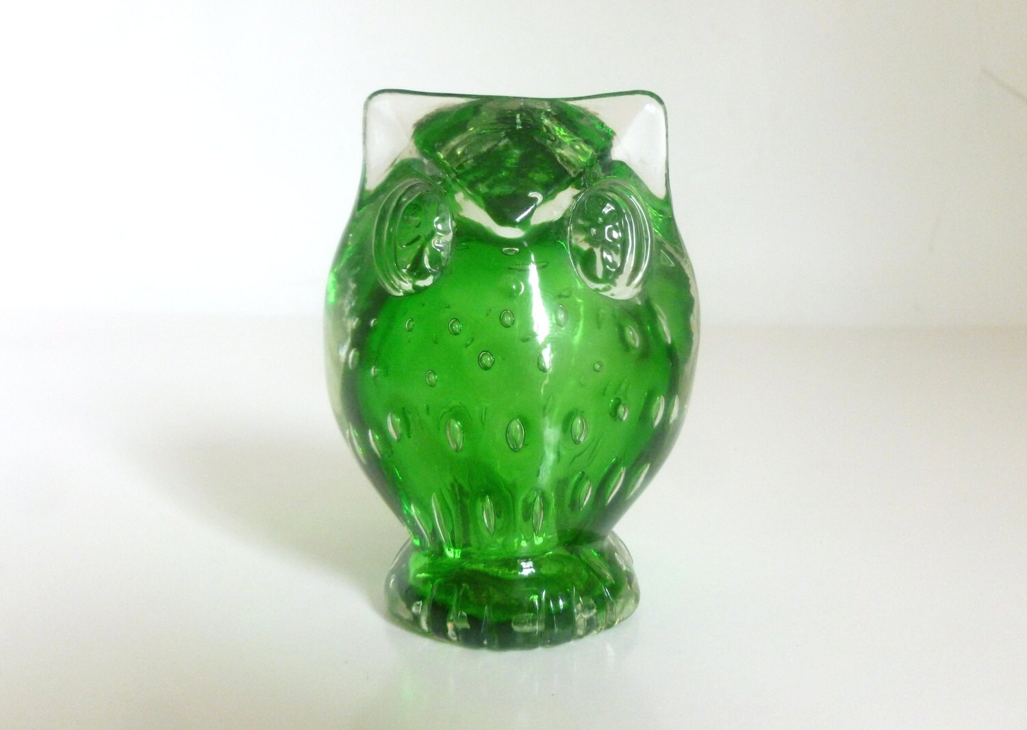 Vintage 1970's Handblown Green Glass Owl Figurine with