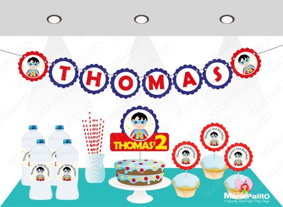 SuperHero Party set, Boy super Hero, banner, centerpiece, cupcake toppers and more A784 Il_570xn