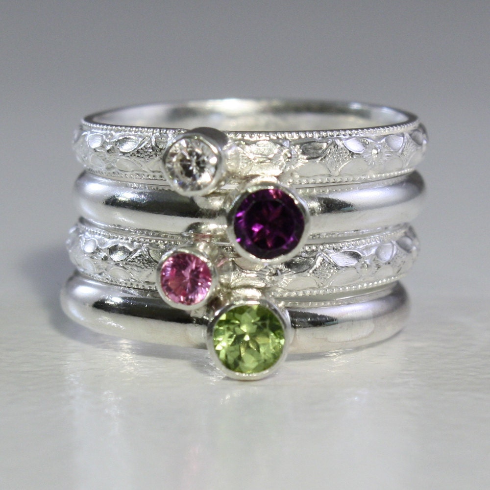 4 Gemstones Birthstone Stacking Rings 4 Stacking Family