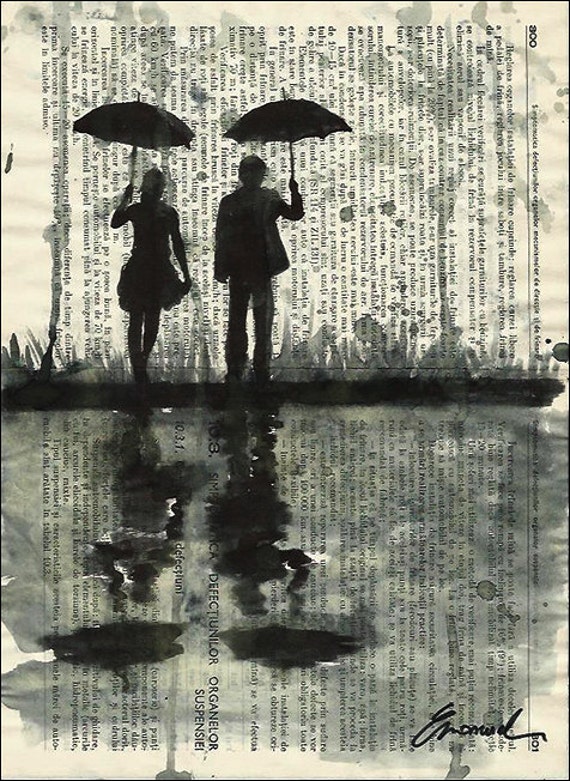 Print Art canvas watercolor gift Ink Drawing Sketch best Love Couple Umbrella Rain Collage Mixed Media Painting Illustration Autographed