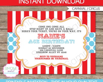 Carnival Invitation Template - Birthday Party - Circus Party - Red and Aqua - INSTANT DOWNLOAD with EDITABLE text - you personalize at home