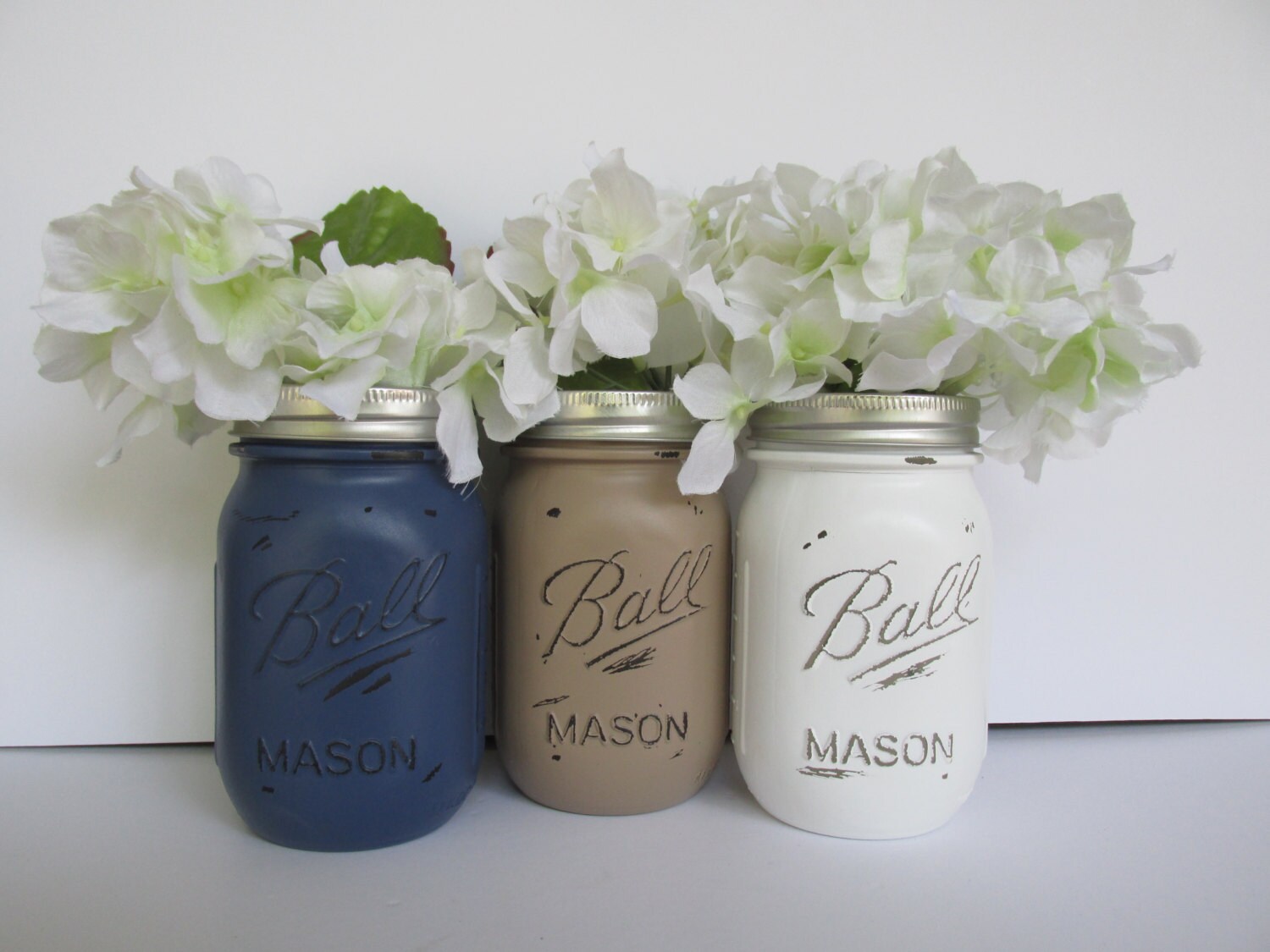 Custom Wedding Accessories Painted and Distressed Ball Mason Jars Navy Blue, Beige Light Brown