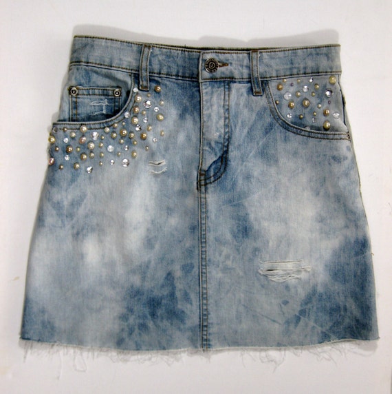 Denim Skirt Tie Dye Jean Mini Skirt with Pearls & Diamantes UK