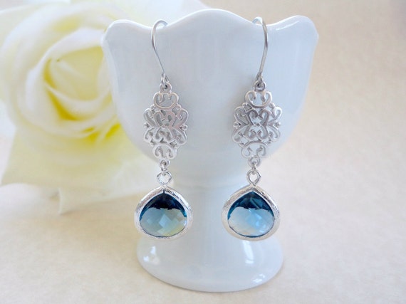 Blue teardrop silver dangle earrings Montana silver drop