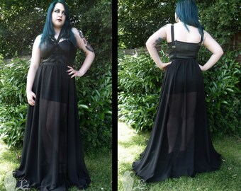 Nightshade - sheer gothic harness maxi dress over rubber look mini dress