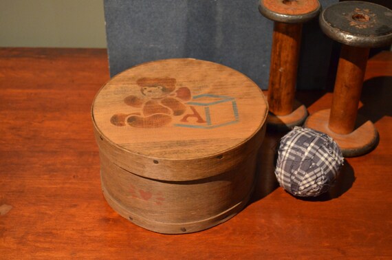 Stenciled Wood Box Teddy Bear Round Lidded Box - Baby Shower Gift - Gift for Child - Handmade Gift I Ship Internationally