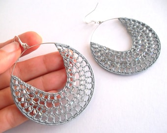 Seed Bead Earrings, Beaded Hoop Earrings, Glass Bead Delicate Lace Crochet Earrings, Silver Tone Filigree Earrings, Charcoal Grey Hoops