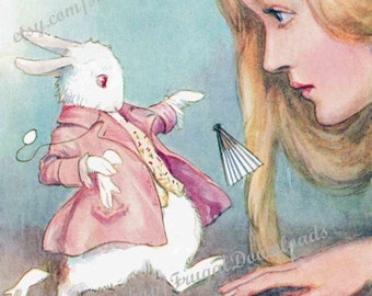 INSTANT DOWNLOAD of Vintage Alice in Wonderland Art by Margaret W. Tarrant from a rare 1922 book. Alice and White Rabbit, fan, gloves, Jpeg