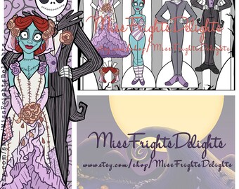 NBC Jack and Sally Inspired Wedding Paper Doll - Instant Download Printable - inspired Nightmare Before Christmas Party Favor Skellington