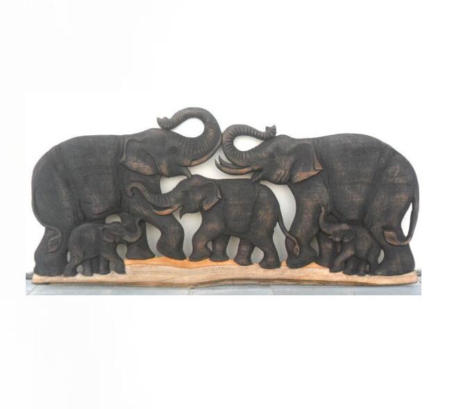 Wood Carving Of 5 Elephant Family Art Hand Carved Natural Teak