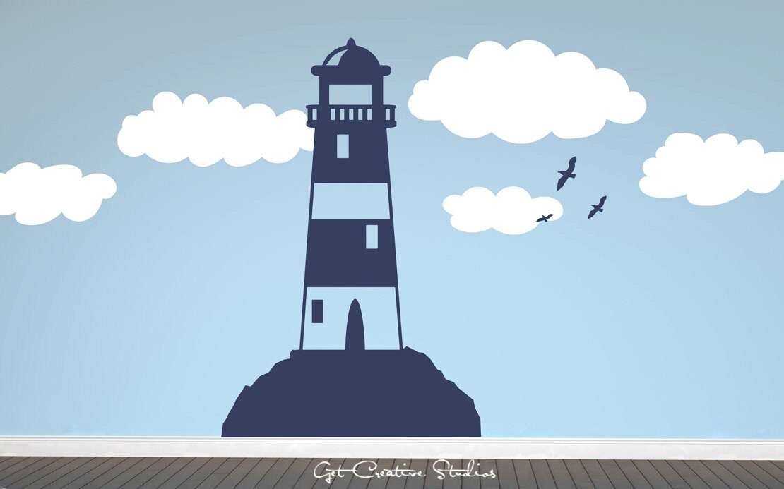 Lighthouse Decal Nautical Wall Decal Clouds Seagulls Ocean