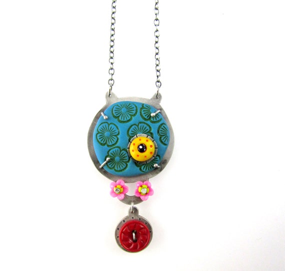 Polymer Clay and Silver Necklace with Vintage Button and Beads