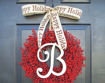 Monogram Winter Wreath, Christmas Wreath, Red Berry Wreath, Christmas Wreath, Happy Holidays- Featured in Better Homes and Gardens Magazine