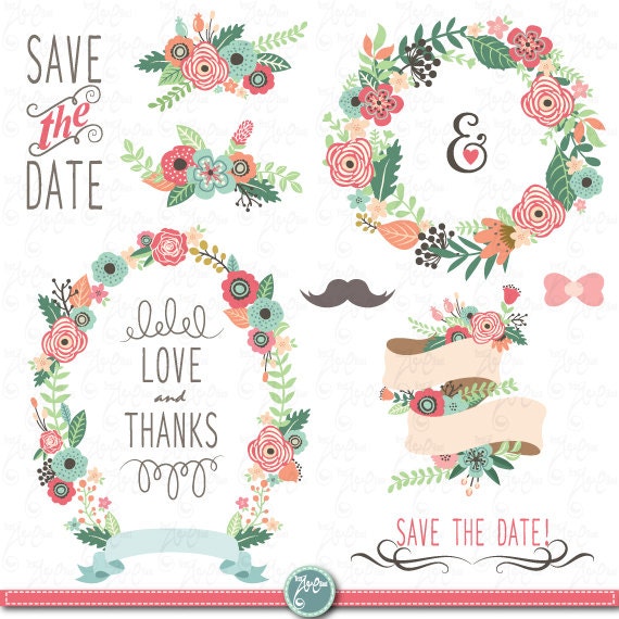 Wedding Clipart pack: "WEDDING FLORA" clip art, vintage flowers, floral frames, wreath, wedding, invitation, wedding flower, Wd054 Il_570xn