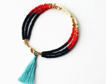 Beaded Tribal Bracelet - Layering Bracelet - Bracelet with Teal Tassel - Multi Strand Bracelet
