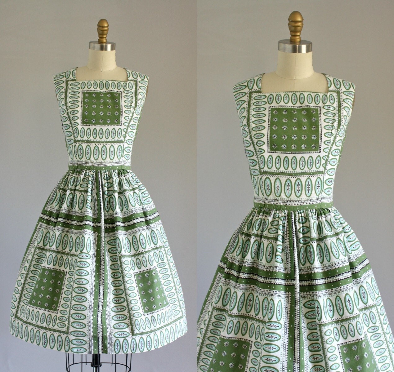 Vintage 50s Dress/ 1950s Cotton Dress/ Green Atomic Print