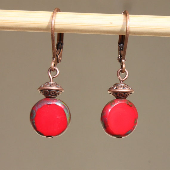 red earrings copper earrings simple dangle czech by red earrings copper earrings simple dangle czech by