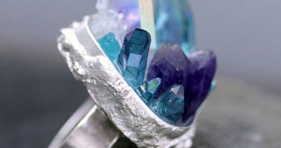 Mixed Quartz Crystals in Textured Silver Ring- Custom Made