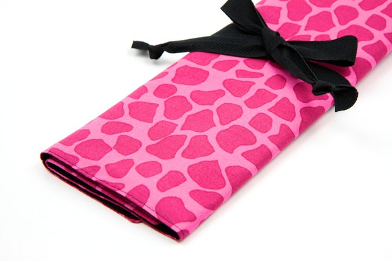 Knitting Needle Case - Pink Giraffe IN STOCK with 30 black pockets for straights, circular, double pointed or paint brushes