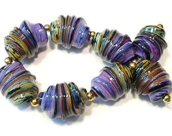 Handmade Glass Lampwork Beads, Purple Rose Raku Whirled Rakuli Focals