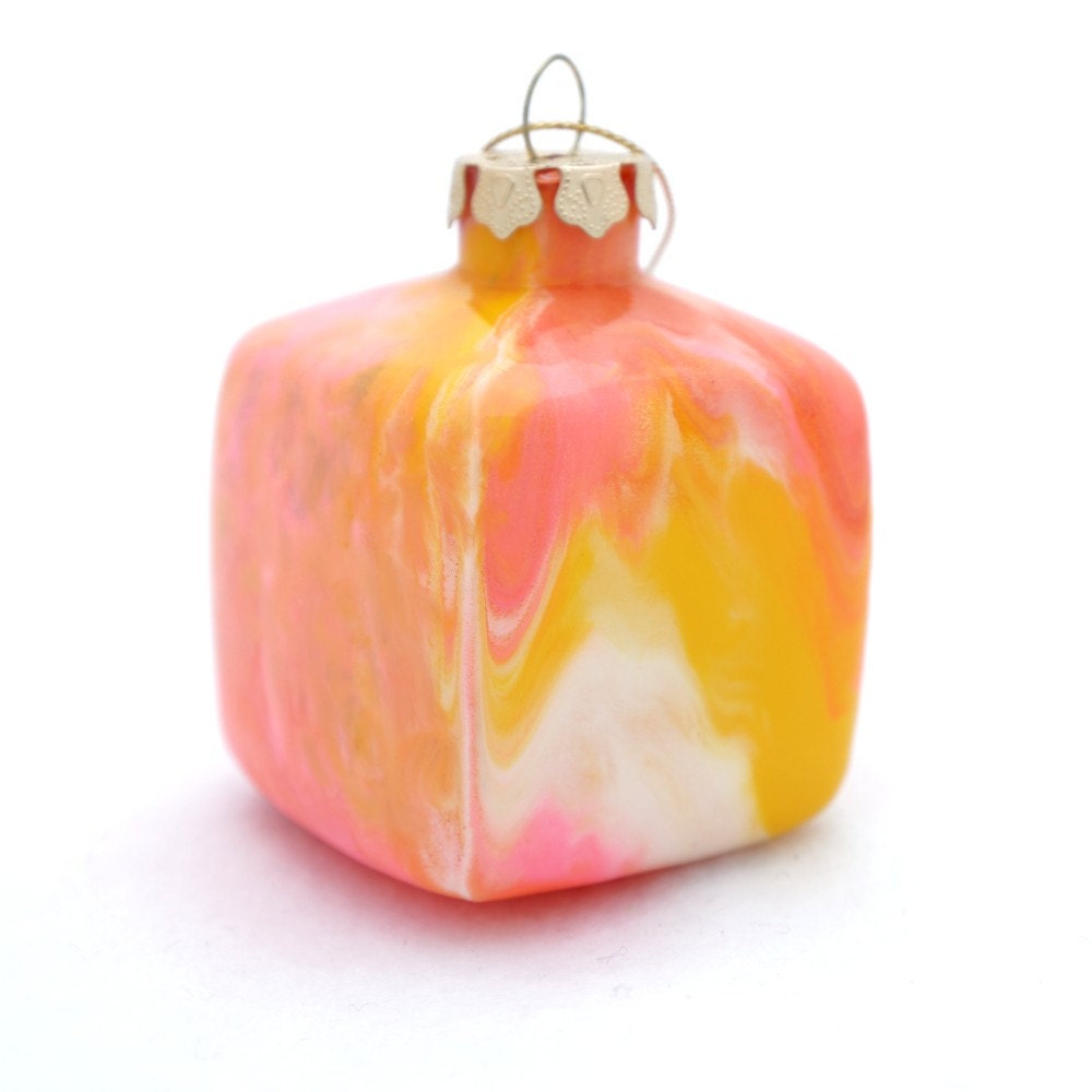 Christmas Ornament OOAK Handmade Cube Glass Painted Inside