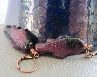 Glass Earrings, Copper Earrings, Copper Chain, Purple Fish, Fish Earrings, Purple Earrings, Purple Glass, Copper Jewelry