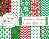 50% off Christmas digital scrapbook papers Christmas FLOWERS traditional, poinsettas, chevron, green, red, Instant Download Il_170x135