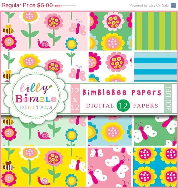 50% off Whimsical flowers, bees, butterflies, snails digital papers for scrapbooking, cards BIMBLEBEE paper pack Instant Download Il_570xn