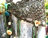 Forest Fairy Handspun Handknit Boho Shawl, Needle-Felted & Silk Flowers, Sari Silk, Greens, Includes Wooden Shawl Stick