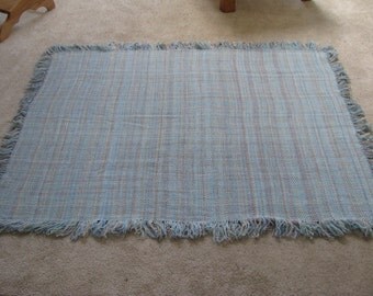 Handwoven hand spun merino wool blue blanket