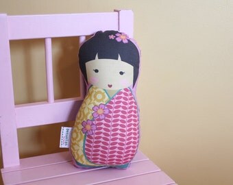 stuffed Doll Kokeshi by PETUNIAS - pillow japanese kimono plush softie room decor toddler baby gift photo prop toy pillow ready to ship