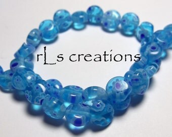 Millefiori Blue Beads with Blue and White Flowers 8mm Puffed Coins #3