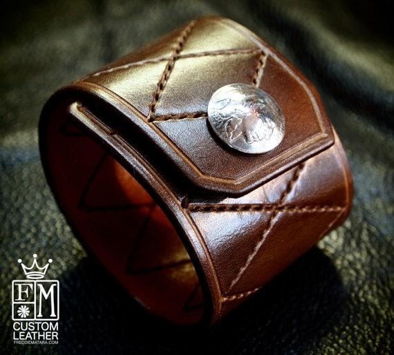 Leather Cuff Custom Quilted Handstitched Luxury Genuine Buffalo Nickel closure NYC