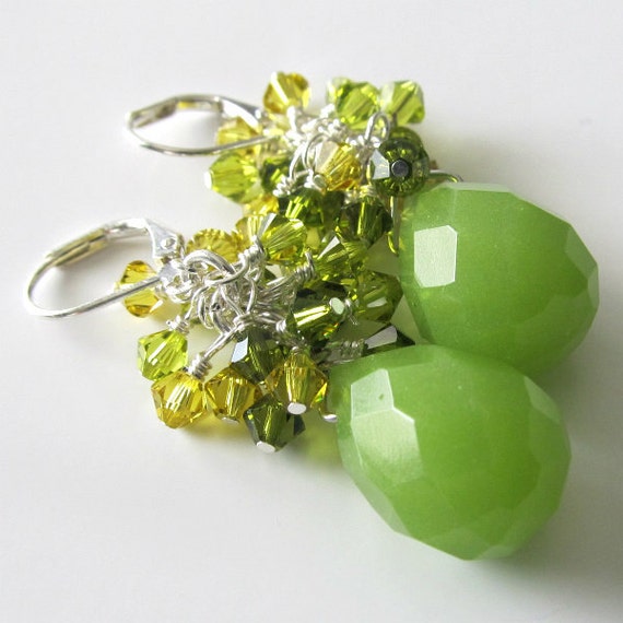 Lime Green Quartz Gemstone Briolette EarringsFaceted Drop BriolettesSwarovski CrystalsSilver