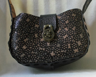 Hand Tooled Black / Brown Leather Handbag - STEAM PUNK GEARS