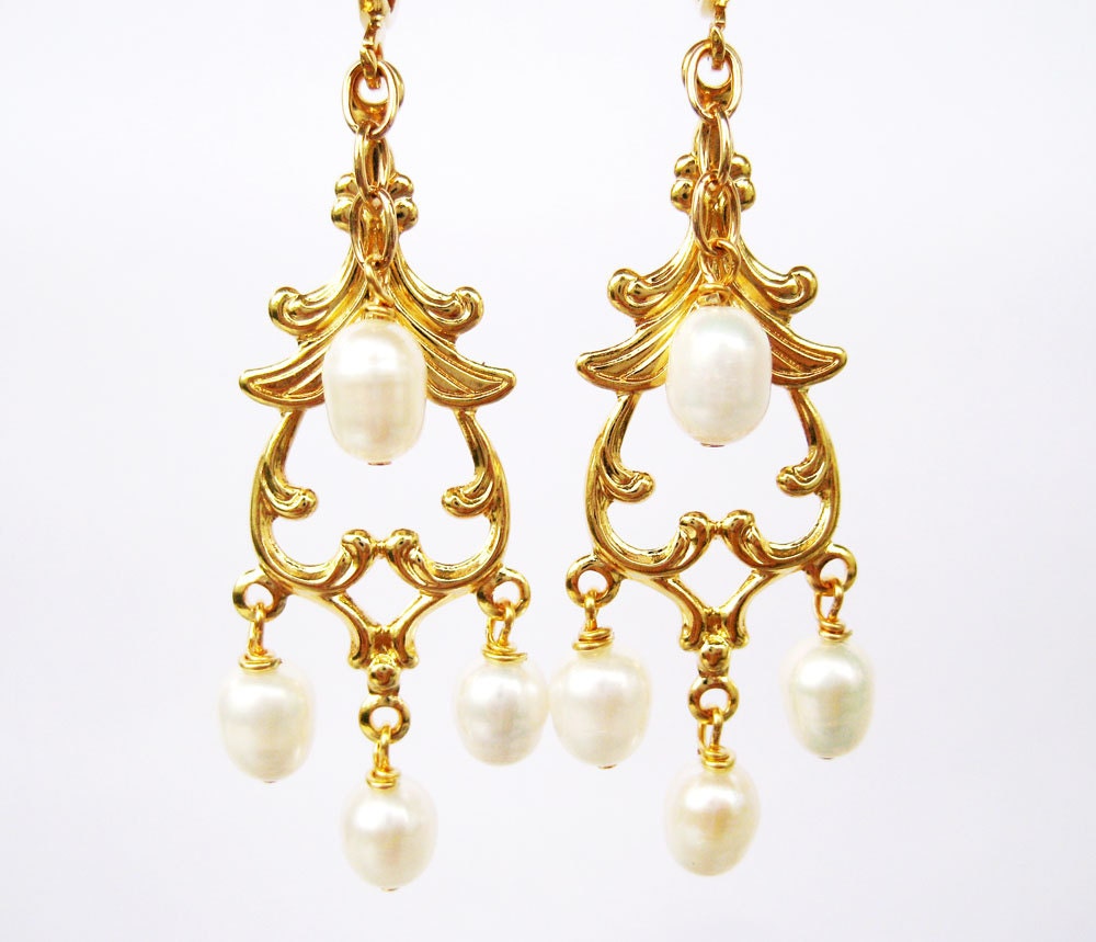 Pearl Chandelier Clipon Earrings Gold Ear Clips White