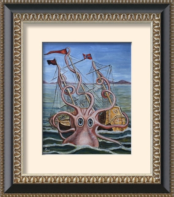 Kraken art print octopus wall art print sea by HeatherSimsArt