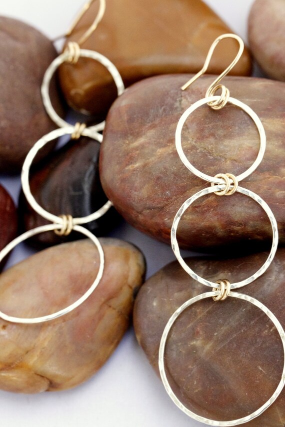 Long Sterling Silver and Gold Hammered circles graduated hoop