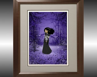 Dark Melancholy Girl Digital Painting Art Print --- Lost in Thought -- 8x10 - Woodland - Dragonflies