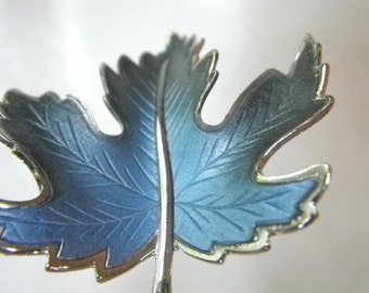 Enamel Leaf Brooch Blue Leaf Pin VIntage 60s