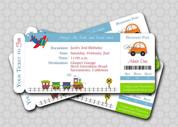 Transportation Birthday Invitation - Boarding Pass Invite - Planes, trains and automobiles, cars, digital file Il_570xn