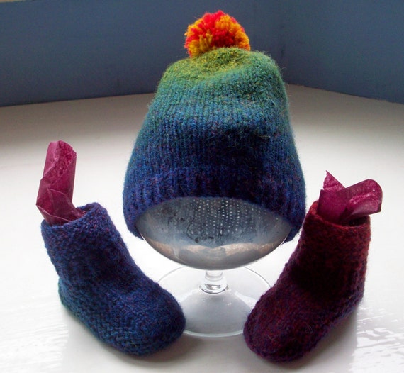 baby's rainbow pompom hat and bootees unique knit wool